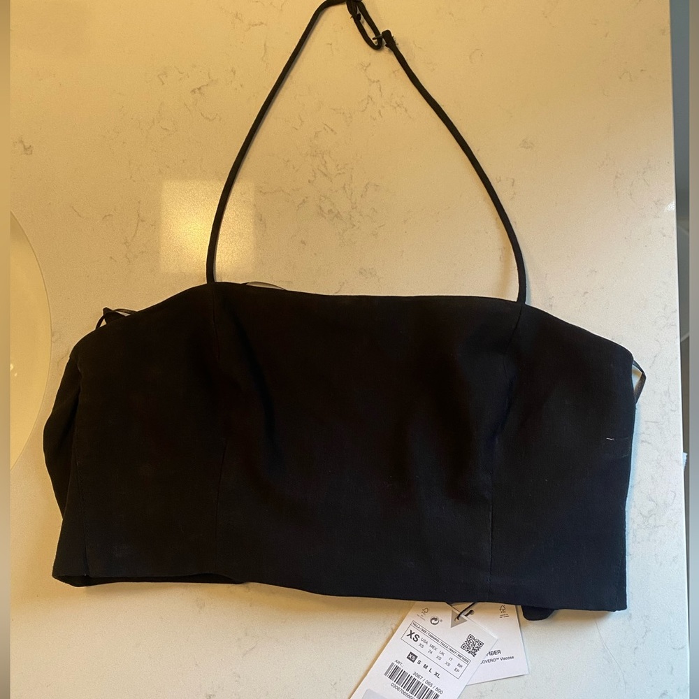 NEW Zara Black Halter Crop Top With Tie Back